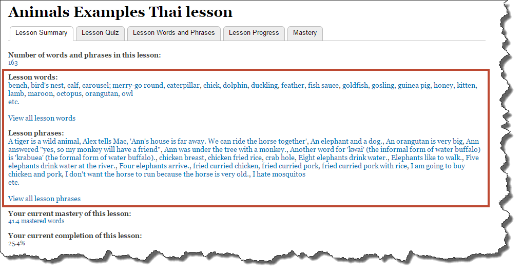Lesson words and phrases displayed