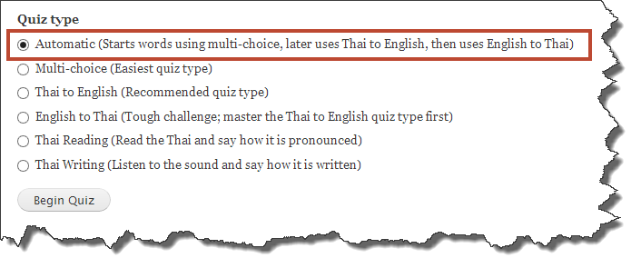 Automatic quiz type selection