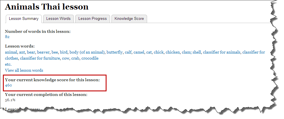 Knowledge score in lesson summary