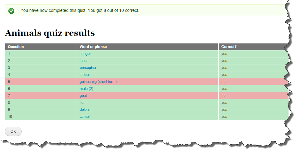 Animals quiz results new